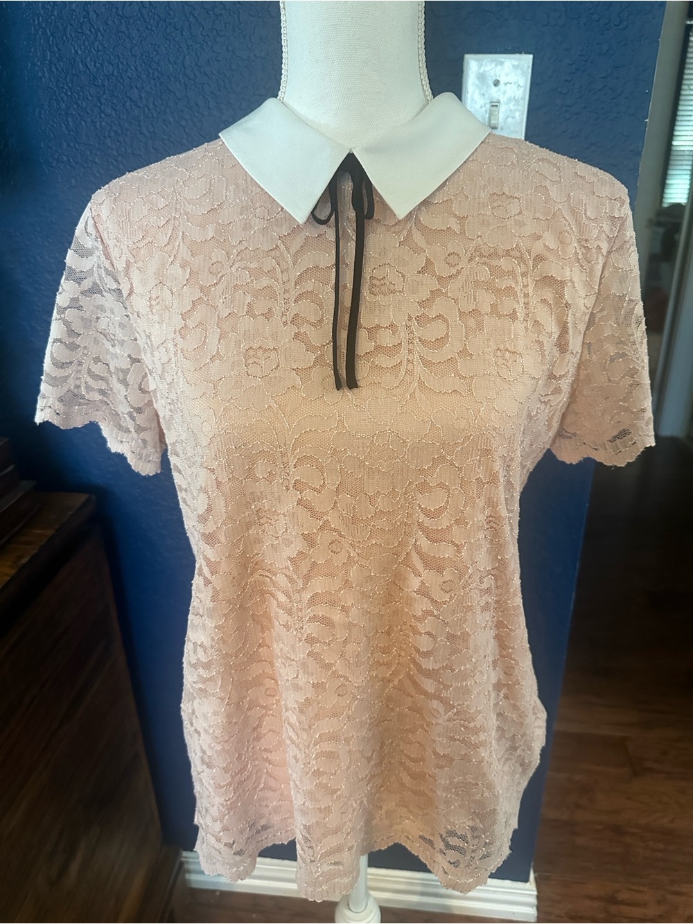 Karl Lagerfeld Blush Lace Top with White Collar and Black Tie